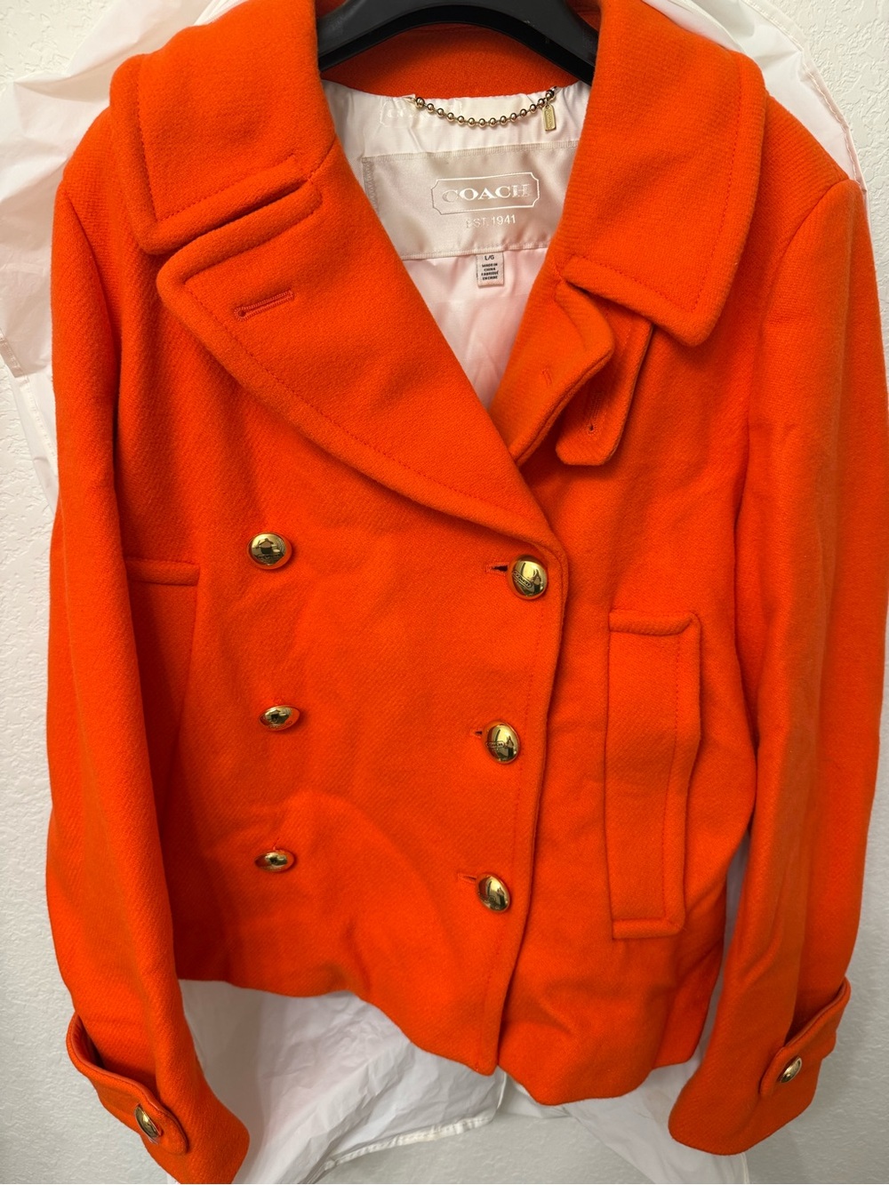 Coach Women's Bright Orange Double-Breasted Peacoat with Gold Buttons